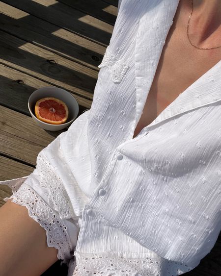 white broderie trim top and shorts pyjama set by river island 
scrunchie by emi jay 

#LTKstyletip #LTKSeasonal #LTKeurope