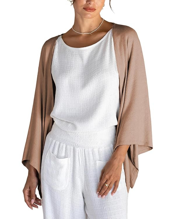 Bankeng Women's Linen Cardigan 3/4 Sleeve Open Front Loose Cover Ups Lightweight Shrug | Amazon (US)