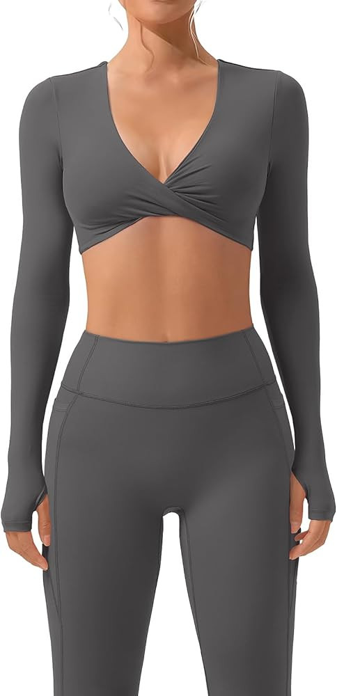 SUUKSESS Women 2 Piece Workout Sets Long Sleeve Twist Deep V Crop Padded Tops Yoga Leggings with ... | Amazon (US)