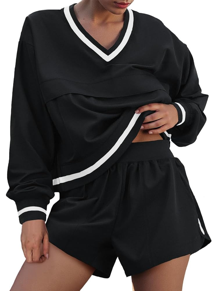 Fisoew Womens 2 Piece Outfits Long Sleeve V Neck Sweatshirt High Waist Running Shorts Sets Loose ... | Amazon (US)