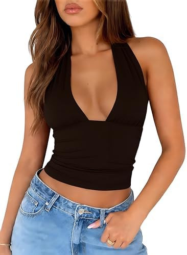 ForeFair Women's Sexy Halter Neck Backless Tank Top Deep V Neck Sleeveless Open Back Y2K Slim Fit... | Amazon (US)