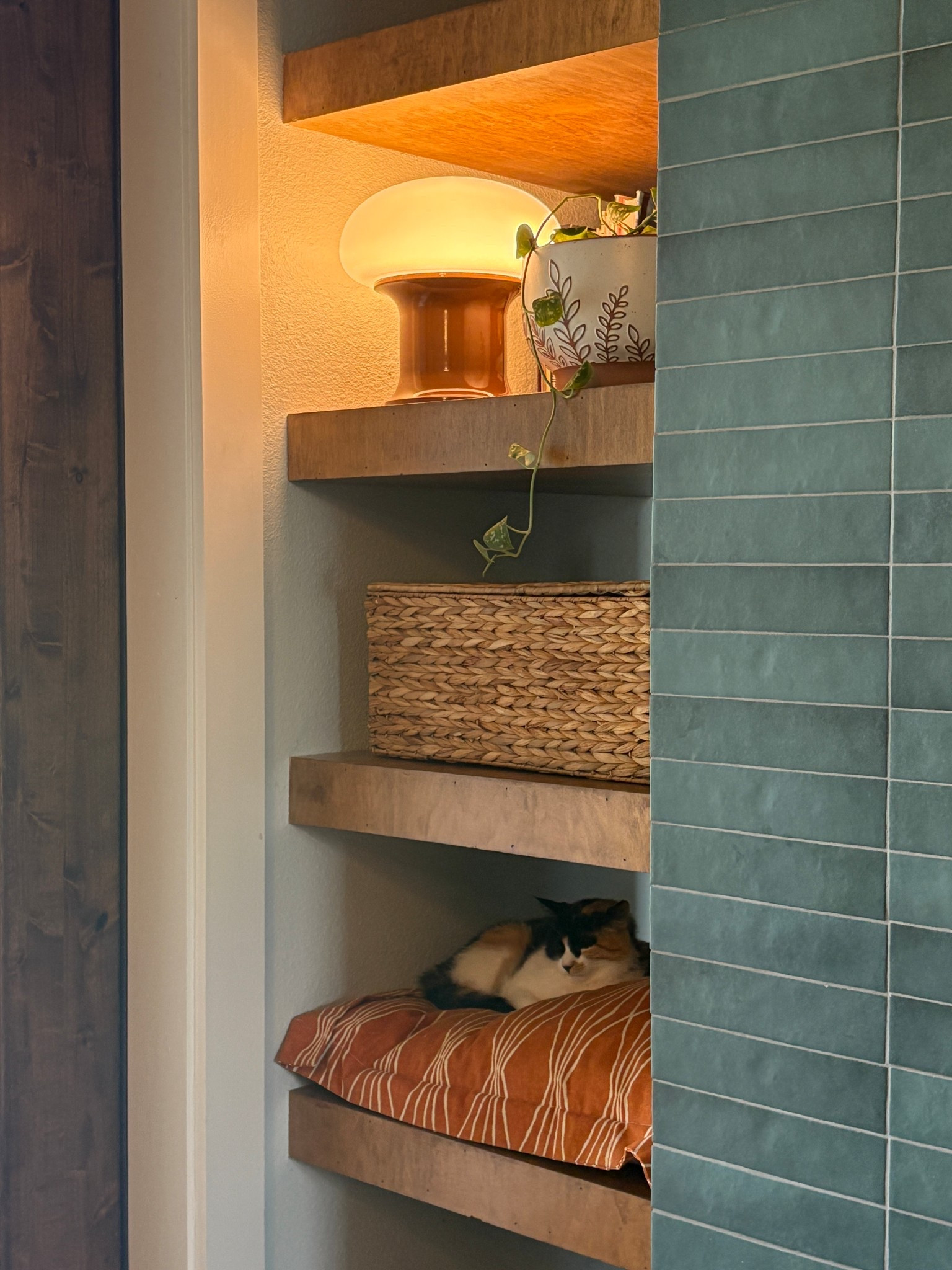 Turns out the retro mushroom lamp AND the cat are thriving in this corner. One glows, one naps, both are living their best life. 

Linked is Rospo Lamp (on a dimmer!) from @Schoolhouse in the Butterscotch color. 

#schoolhousepartner #ad #schoolhousespringstyle #shelflighting #retrodecor #modernvintage

#LTKStyleTip #LTKHome