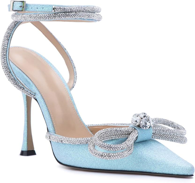 MissHeel Clear Rhinestone Ankle Strap Pumps Heels with Crystal Double Bows 3 inch | Amazon (US)
