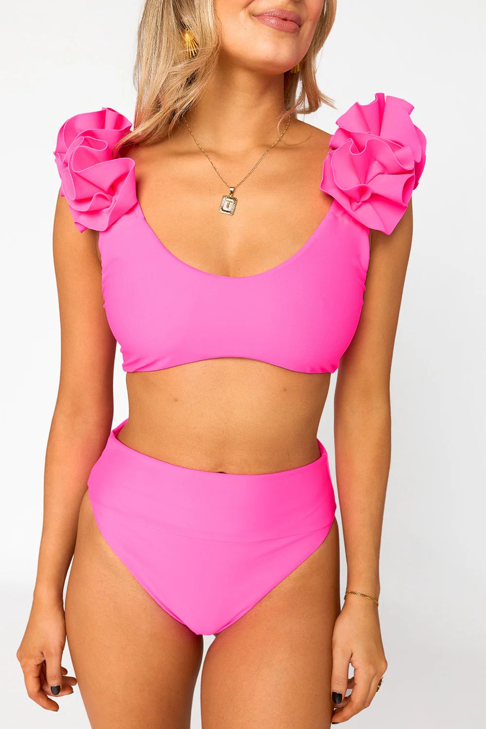 Hot Pink Ruffle Shoulder Bikini Top | BuddyLove