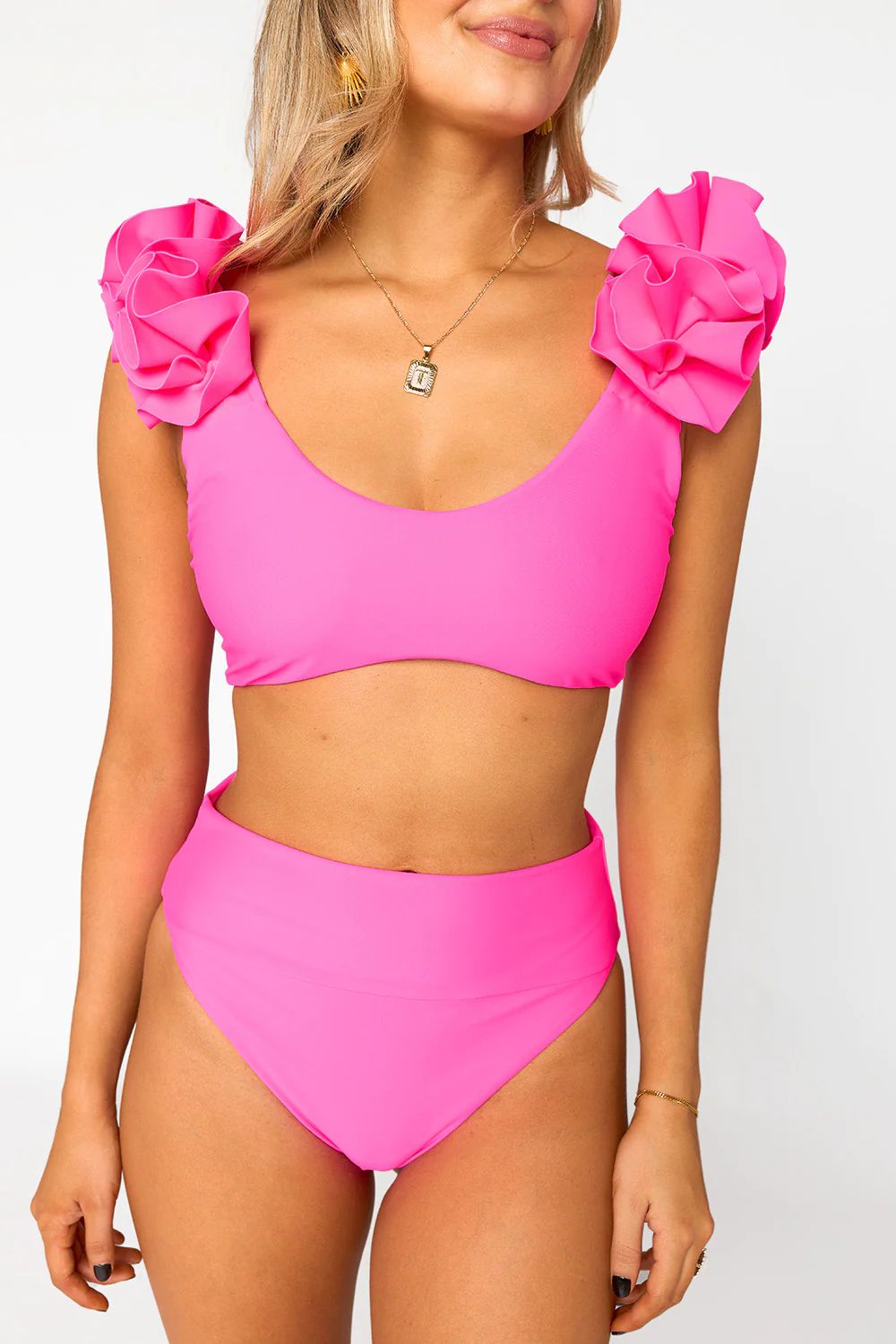 Hot Pink Ruffle Shoulder Bikini Top | BuddyLove