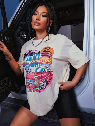 SHEIN SXY Car & Letter Graphic Drop Shoulder Oversized Tee | SHEIN
