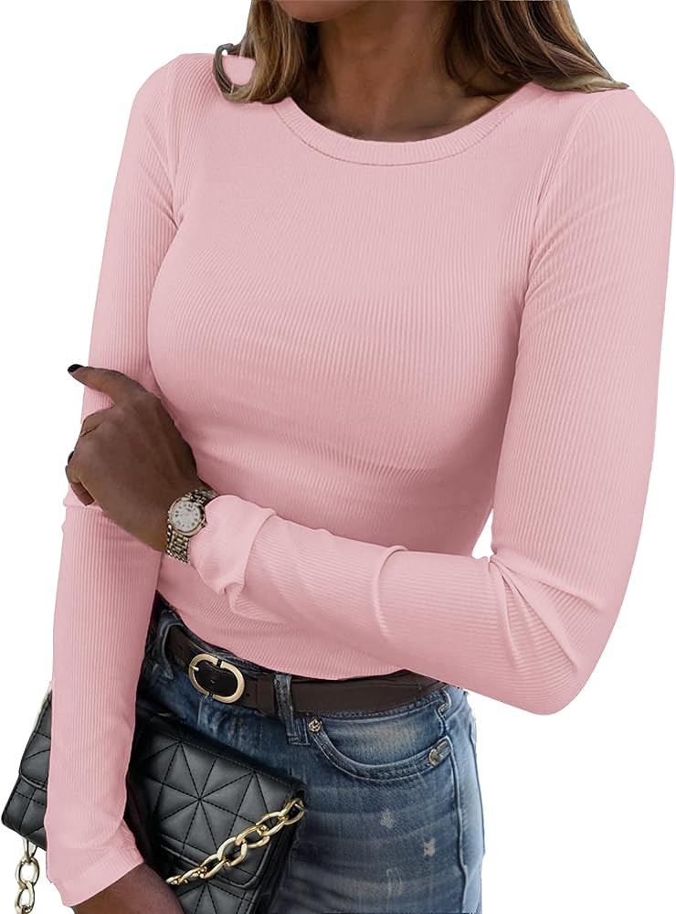 Zeagoo Womens Long Sleeve Stretch Crewneck Ribbed T-Shirt Slim Fit Casual Basic Tops S-XXL | Amazon (US)