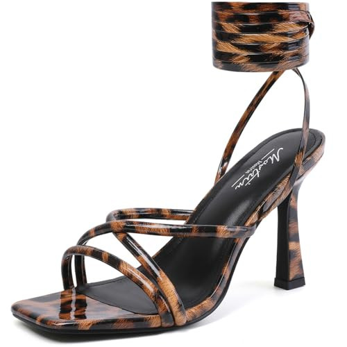 Mostrin Leopard Lace Up Heels: Women's Strappy Stiletto Sandals, Size 9.5, Square Open Toe, Perfect for Parties, Weddings, Proms | Amazon (US)