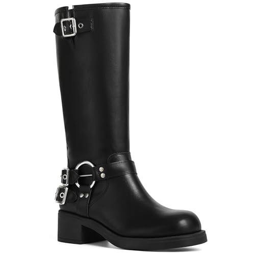 AMINUGAL Black Knee High Boots Women Square Toe Pull On Boots Wide Calf Riding Boots Festival Buckles Chunky Boots Metallic Casual Vintage Buckle Rivet Boots Size 9 | Amazon (US)