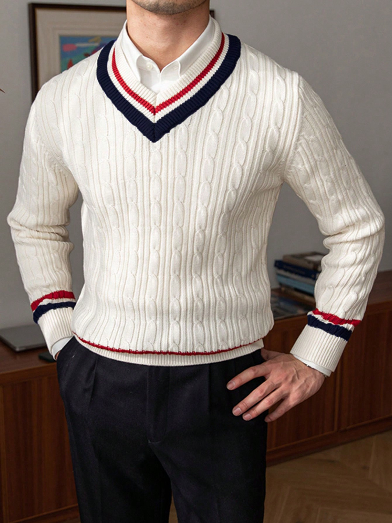 TrendsMen Striped Trim Cable Knit Cricket Sweater Without Shirt | SHEIN