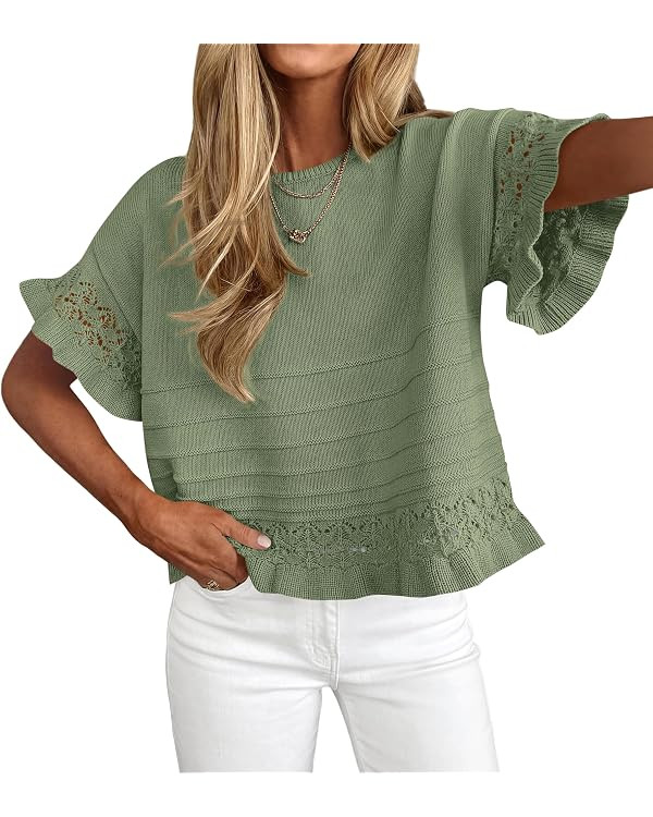 KIRUNDO Short Sleeve Sweater for Women 2026 Spring Summer Tops Crochet Round Neck Ruffled Hem Kni... | Amazon (CA)