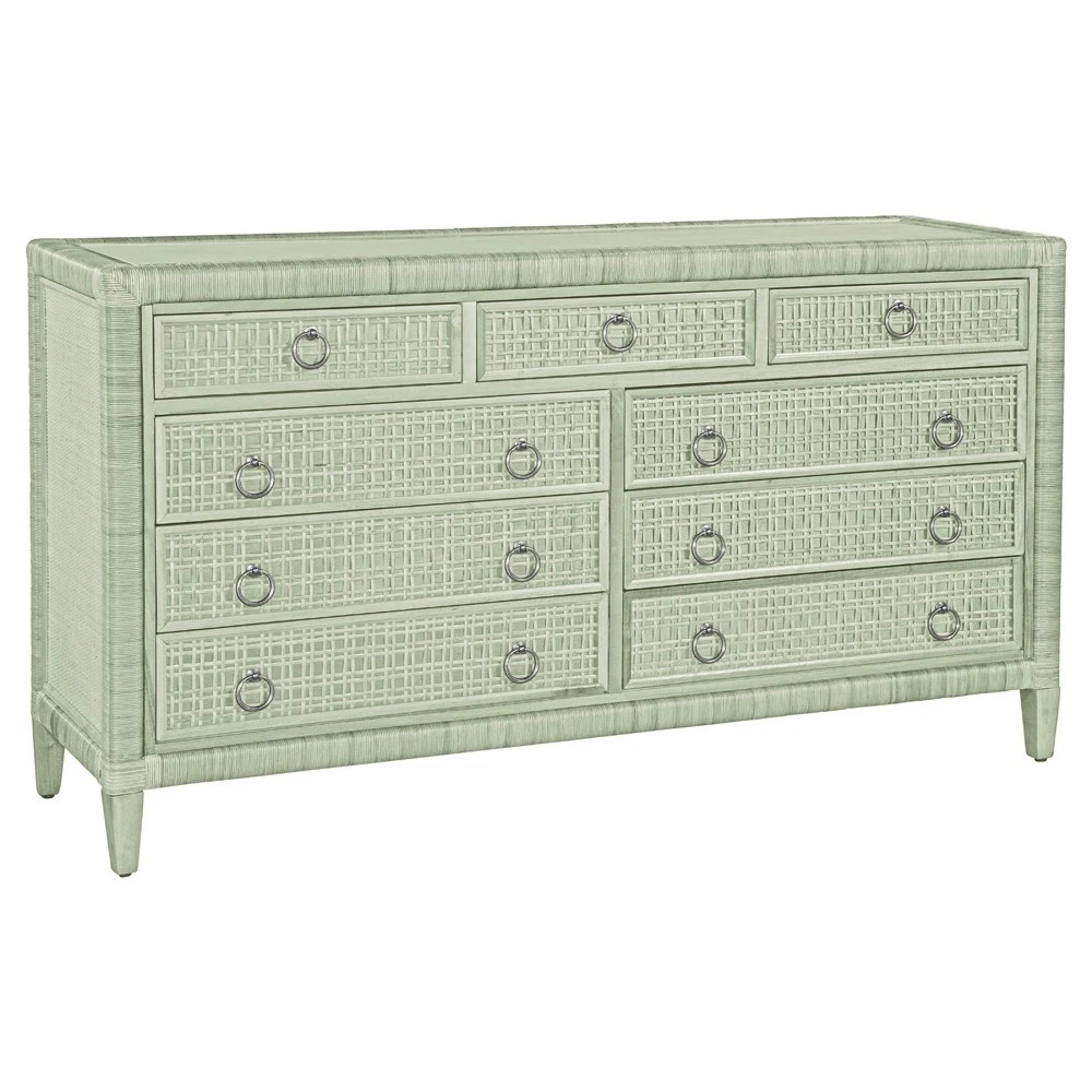 Kalea Coastal Beach Green Woven Rattan 9 Drawer Dresser | Kathy Kuo Home