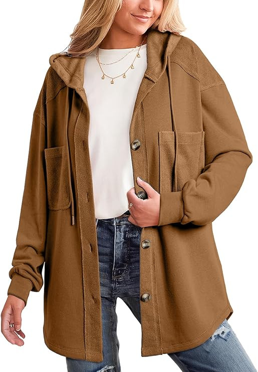 SHEWIN Womens Shacket Casual Fall Jackets Hooded Loose Long Sleeve Tops Button Down Coat | Amazon (US)