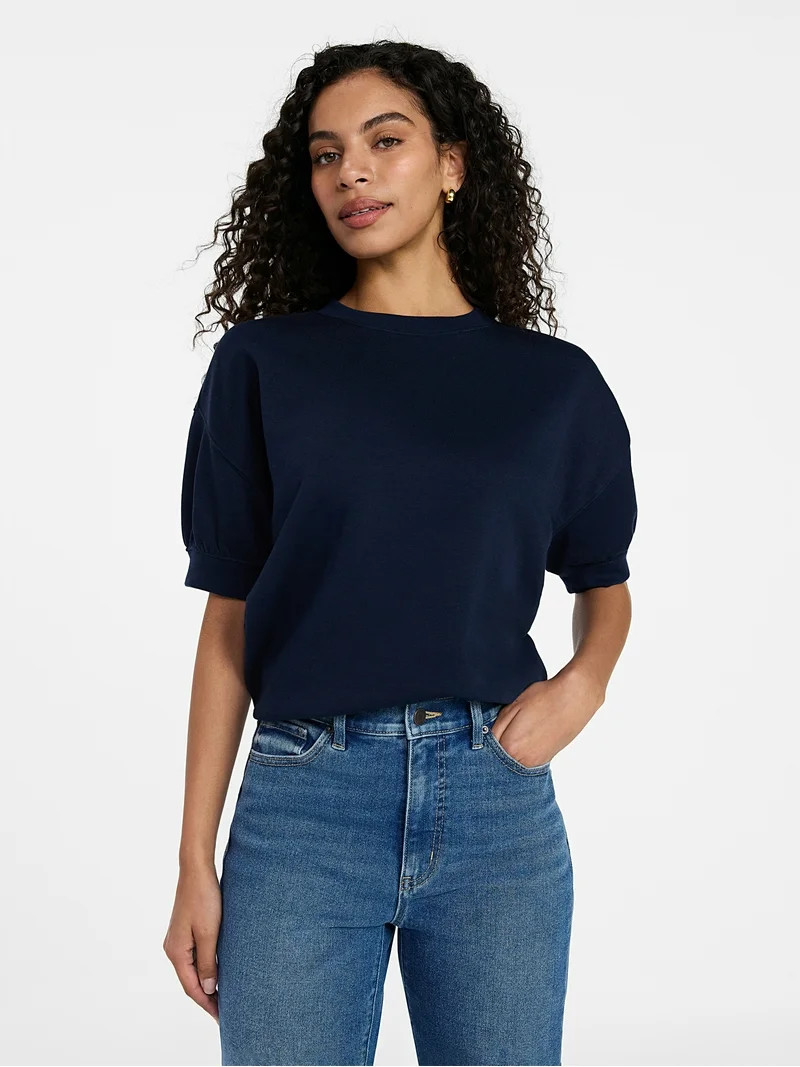 Time and Tru Women's Fleece Sweatshirt with Short Puff Sleeves, Sizes XS-XXXL | Walmart (US)