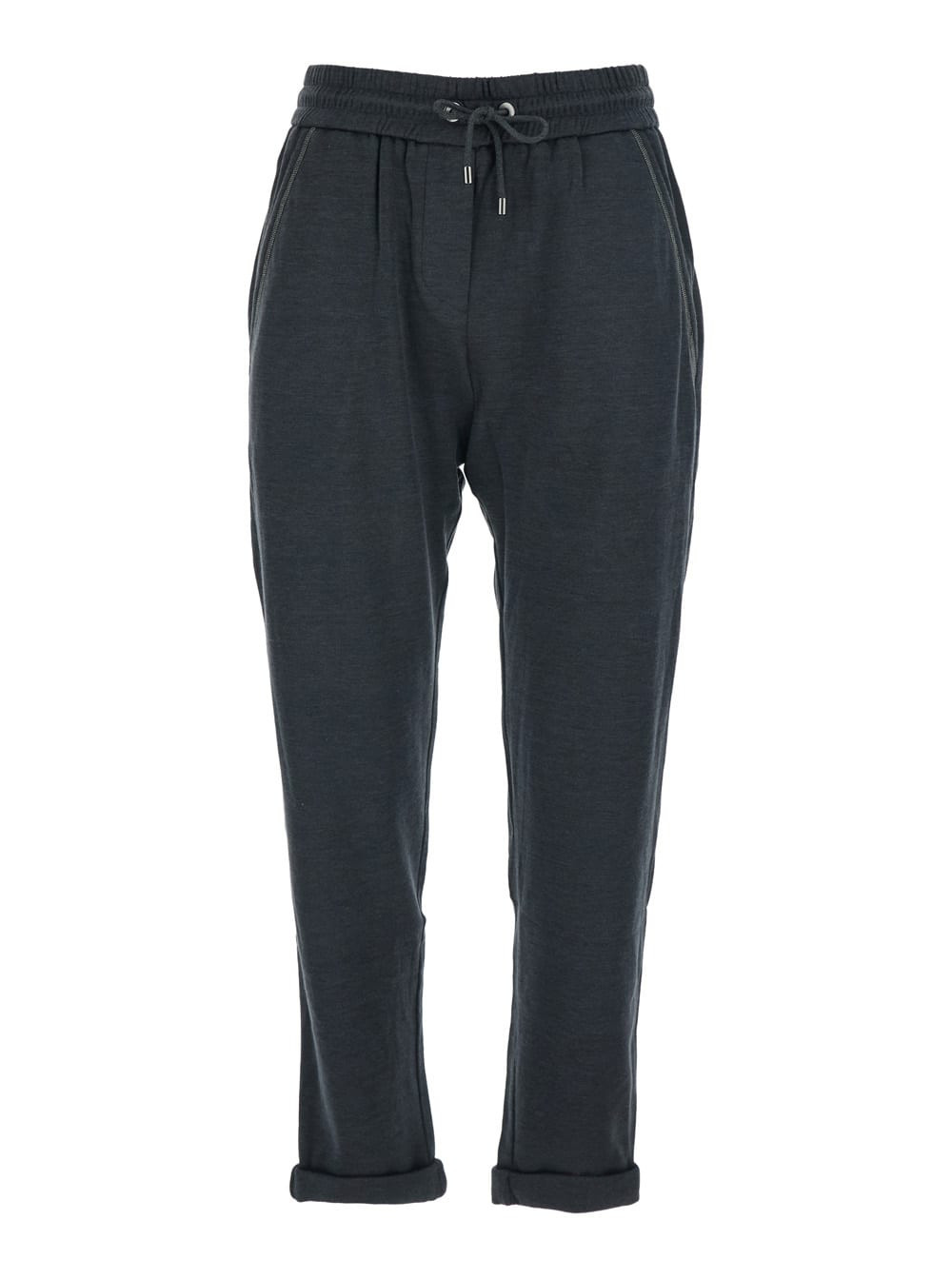 Brunello Cucinelli Gray Pants With Elastic Waist And Drawstring And Monile Detail On The Side In Cotton Blend For Women | Italist.com US