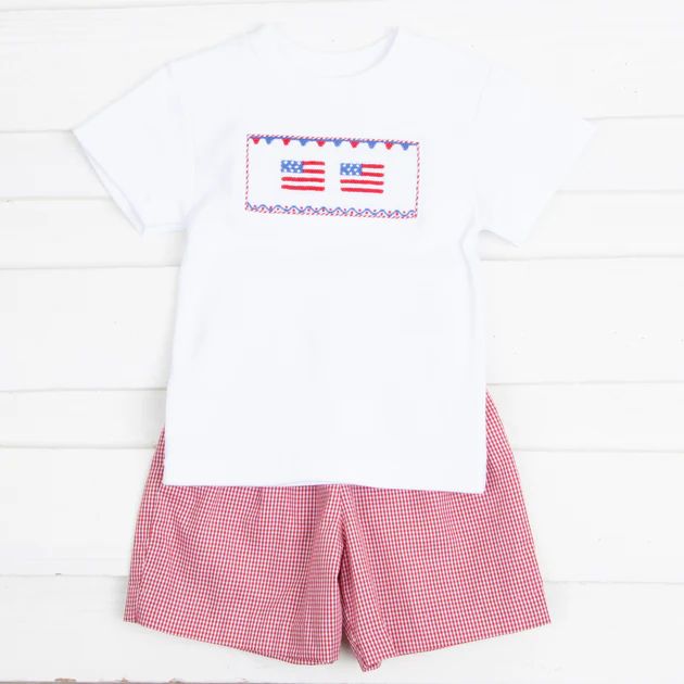 Flag Smocked Knit Short Set Red Gingham | Classic Whimsy