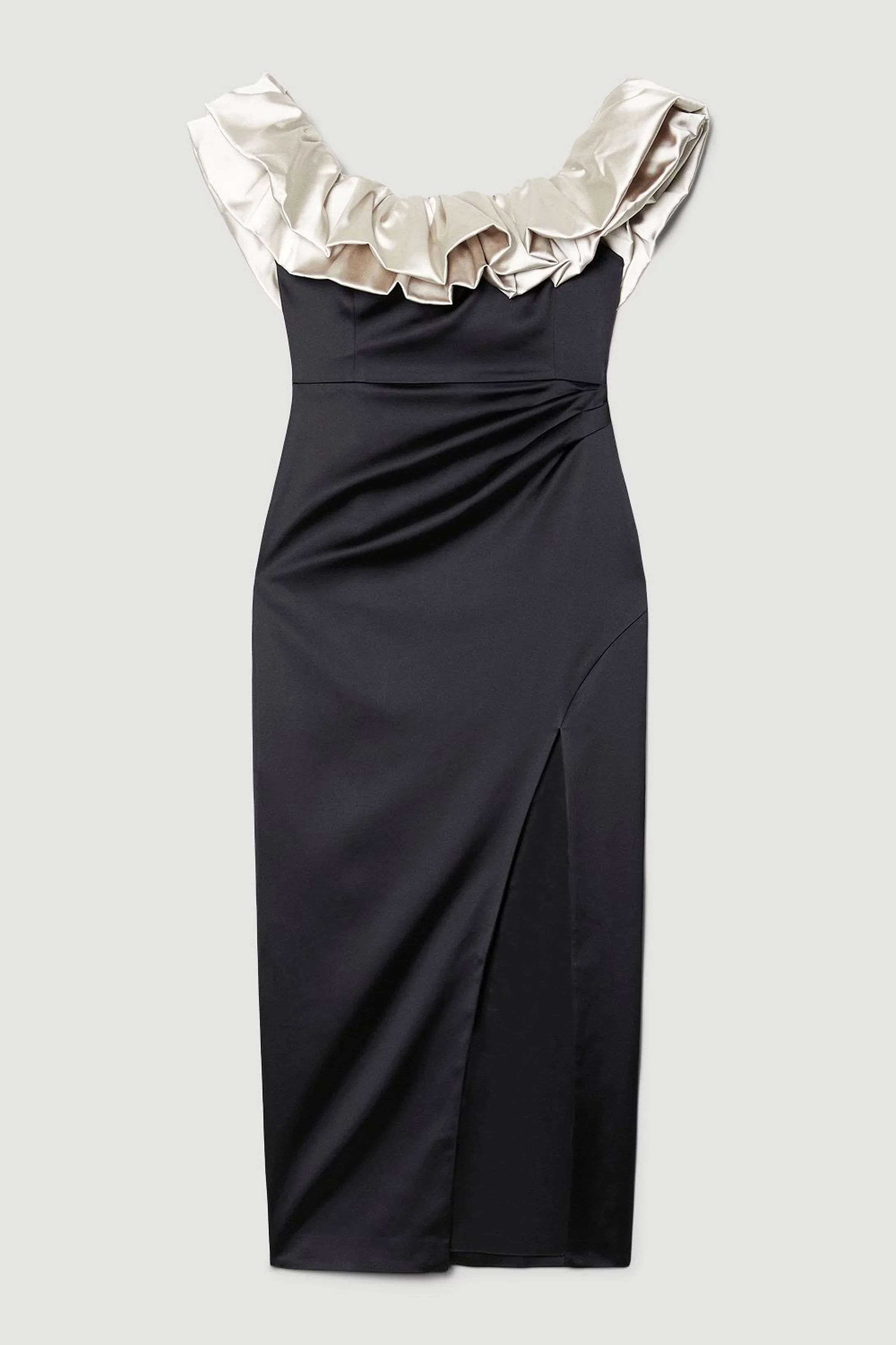 Italian Structured Satin Ruffle Bardot Maxi Dress | Karen Millen UK + IE + DE + NL