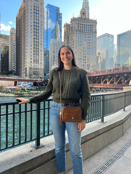 Green sweater, fall outfit, fall fashion, light wash jeans, brown crossbody bag, flare jeans, cable knit sweater, Chicago, fall sweater, olive green sweater

#LTKtravel #LTKSeasonal #LTKstyletip