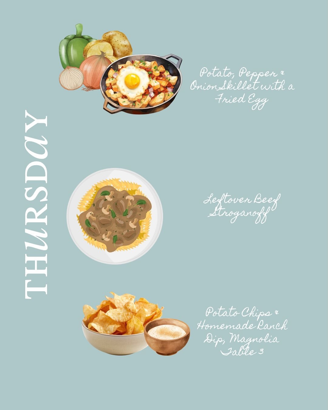 It’s Thursday, I’m running on coffee, leftovers, and grace. Breakfast will come together in a skillet using leftover potatoes, peppers, and onions topped with a fried egg, the kind of meal that says you’ve almost made it. Dinner will be a rerun of Tuesday’s Beef Stroganoff, because good food deserves an encore.

And somewhere between the day’s chaos and quiet, I’ll make Magnolia Table, Vol. 3’s Potato Chips with a side of homemade ranch dip, naturally.

What’s on your menu?
Gracefully yours,
🫶🏻 Jeanie Jo

#LTKHome