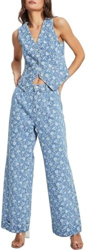 SCOFEEL Womens 2 Piece Denim Set Button Sleeveless Jean Vest Pants Sets Y2k Waistcoat Wide Leg Je... | Amazon (US)