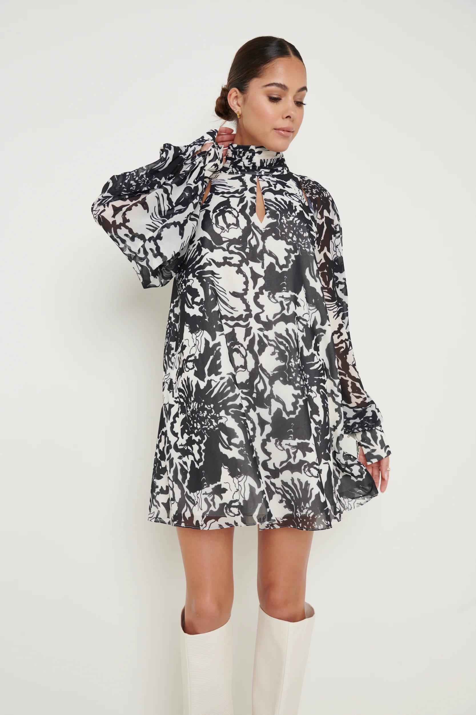 Romy Chiffon Mini Dress - Monochrome Floral Print | Pretty Lavish (UK)