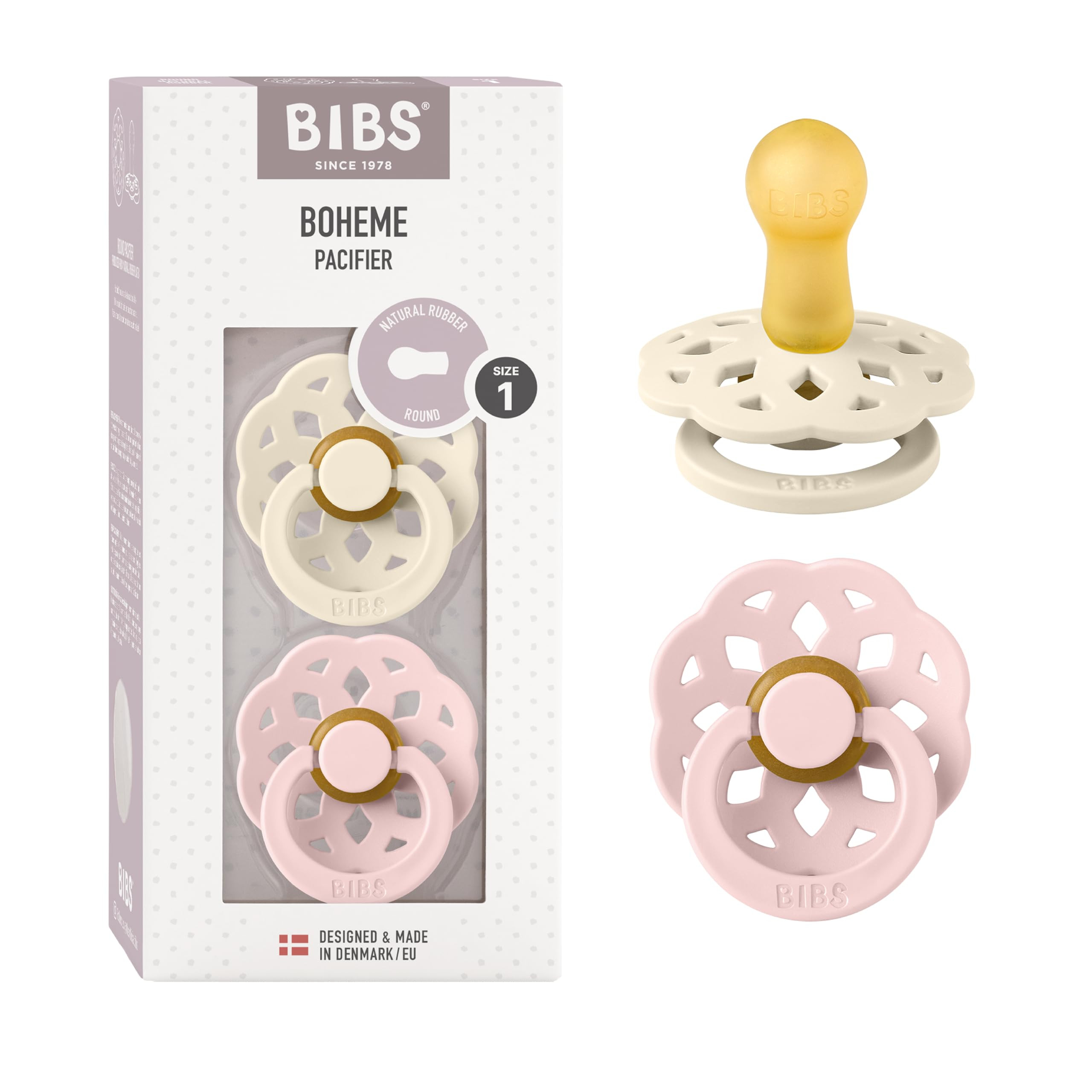 BIBS Pacifiers - Boheme Collection | BPA-Free Baby Pacifier | Made in Denmark | Set of 2 Ivory/Blossom Color Premium Soothers | Size 0-6 Months | Amazon (US)