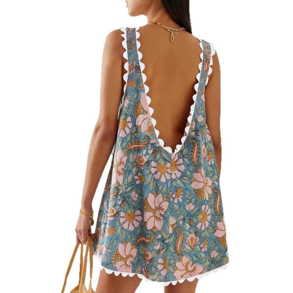 Women's Chiffon Floral Print Dresses V Neck Casual Sleeveless Sexy Backless Swing Mini Dress Boho... | Amazon (US)