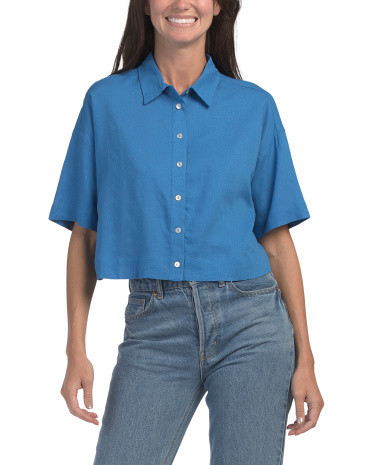 Linen Blend Cropped Boxy Shirt For Women, Linen/Rayon | TJ Maxx