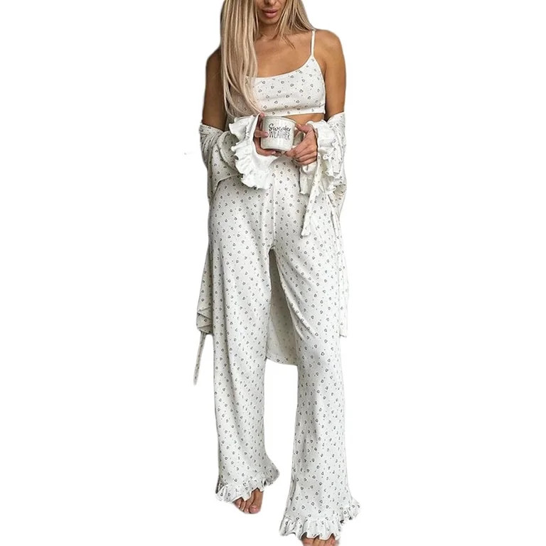 QIUYI Women's 3Pcs Heart Pajamas Set Sleepwear Tank Robe and Pants Pajamas Loungewear Outfits | Walmart (US)