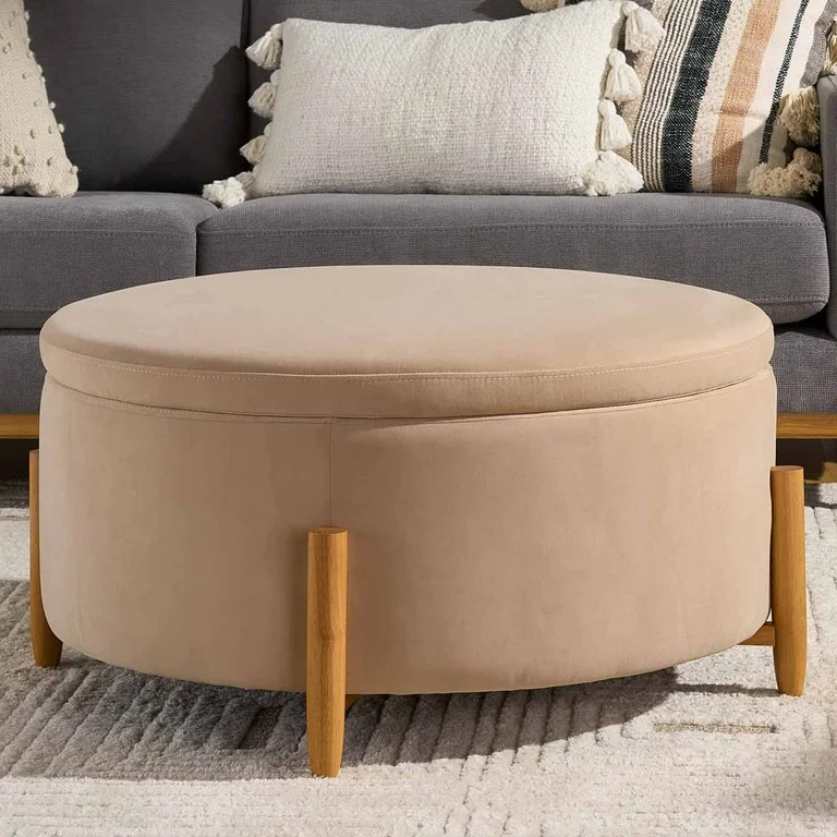 Better Homes & Gardens Springwood Round Storage Ottoman, Beige Velvet | Walmart (US)