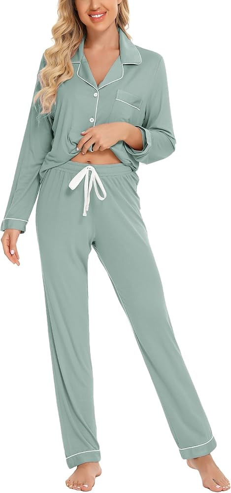 Leikar Button Up Pajama Set For Women Long Sleeve Shirt And Pajama Pants Soft Pjs Lounge Sets | Amazon (US)