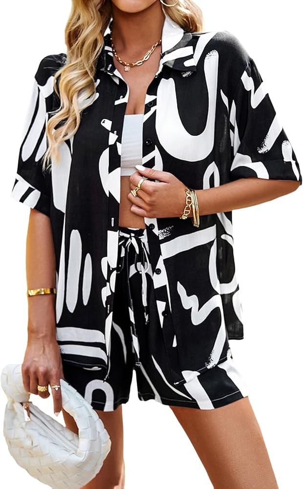 Vrtige Women's Geometric Print 2 Piece Outfits Button Down Short Sleeve Top and Shorts Set | Amazon (US)