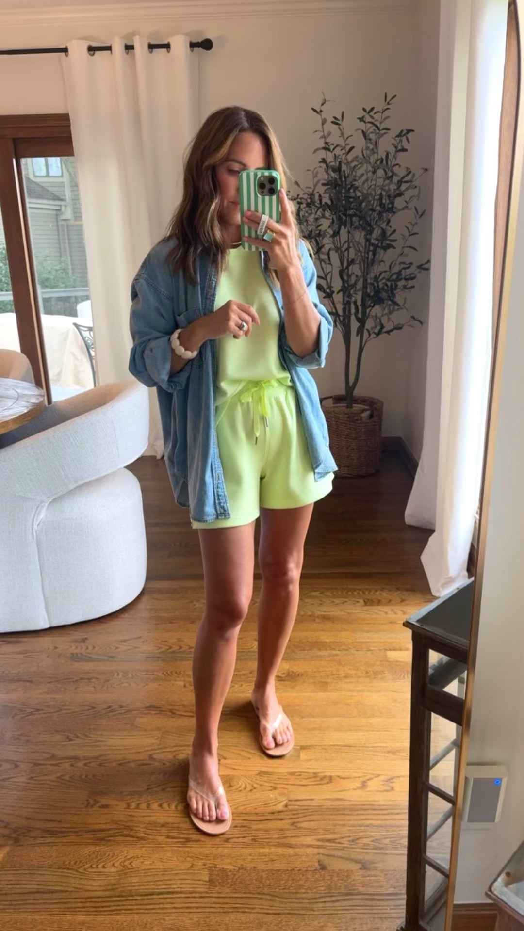 Set is a little more muted in person. Such a pretty & fun color!! 
XS top / S shorts 
XS denim shirt 
Necklace / use code: take20 for 20% off

#LTKdayinmylife #LTKmomlife #LTKSeasonal