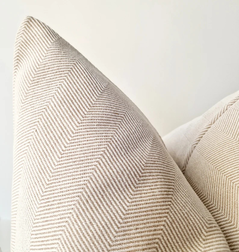 Cream Beige Herringbone Pillow Cover, Textured Rustic Cushion, Striped Farmhouse Pillow | Etsy (Global)