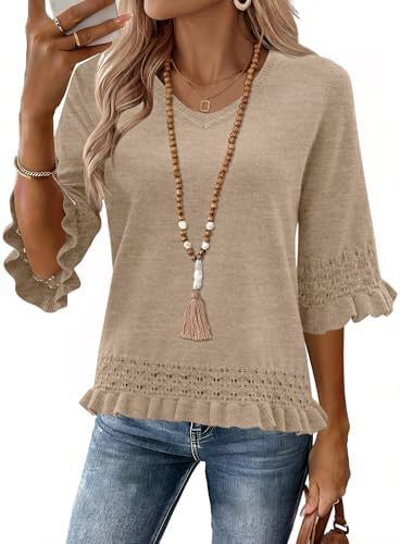 LOMON Women's Sweaters 3/4 Sleeve Business Casual Sweater V Neck Boho Tops Cute Crop Knit Peplum ... | Amazon (US)