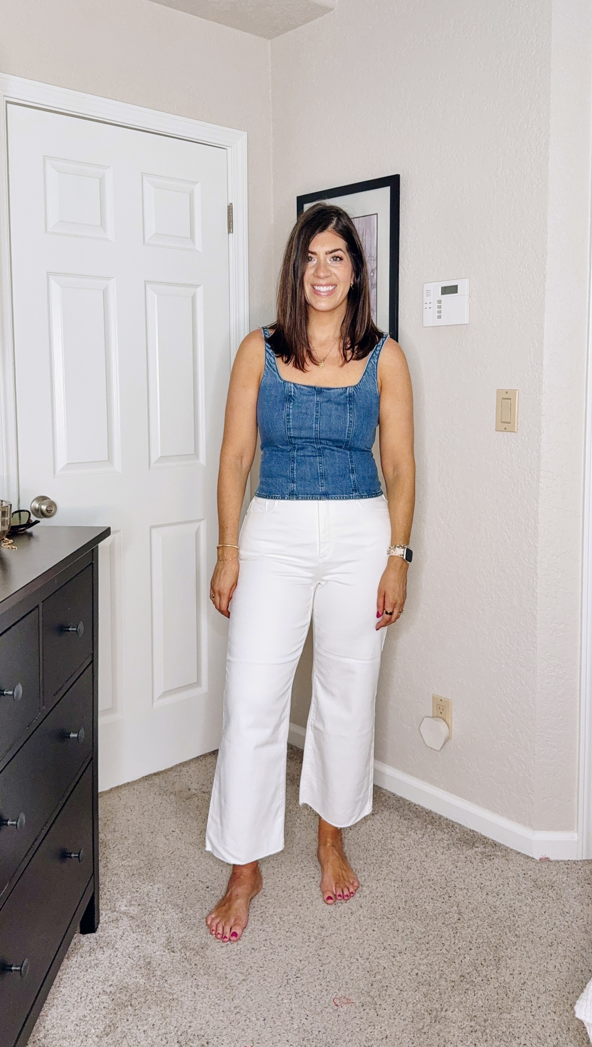 In a medium denim top and 29 curvy cropped wide leg 

#LTKStyleTip #LTKMidsize #LTKFindsUnder100