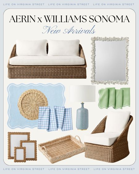 Loving the new Aerin collection at Williams Sonoma! These pieces are all great for coastal and grandmillennial style including this wicker love seat, scalloped napkins, scalloped placemats, wicker chargers, coral mirror, wavy wicker picture frames, light blue ceramic lamp, wicker tray and more! Loving these beautiful shades of light blue, light green and neutrals!
.
#ltkhome #ltkseasonal #ltkstyletip #ltkfindsunder50 #ltkfindsunder100 #ltksalealert

#LTKsalealert #LTKSeasonal #LTKhome