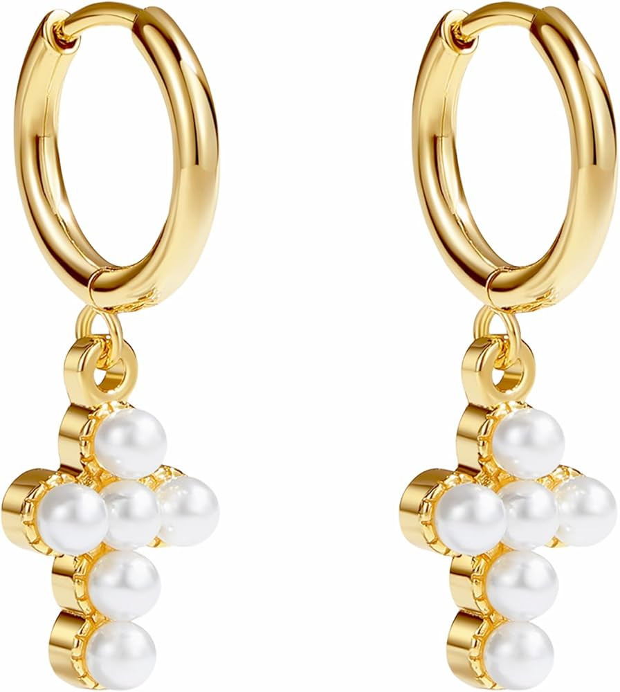 PANSTAR Cross Pearl Earrings for Women - Small Gold Studs, Elegant and Hypoallergenic - Gifts for... | Amazon (US)