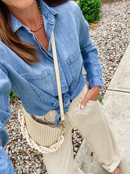 Classic Spring style. Chambray and flowy pants. 
XS top, linking similar
Size 0 regular pants. TTS 

#LTKstyletip #LTKover40 #LTKSeasonal