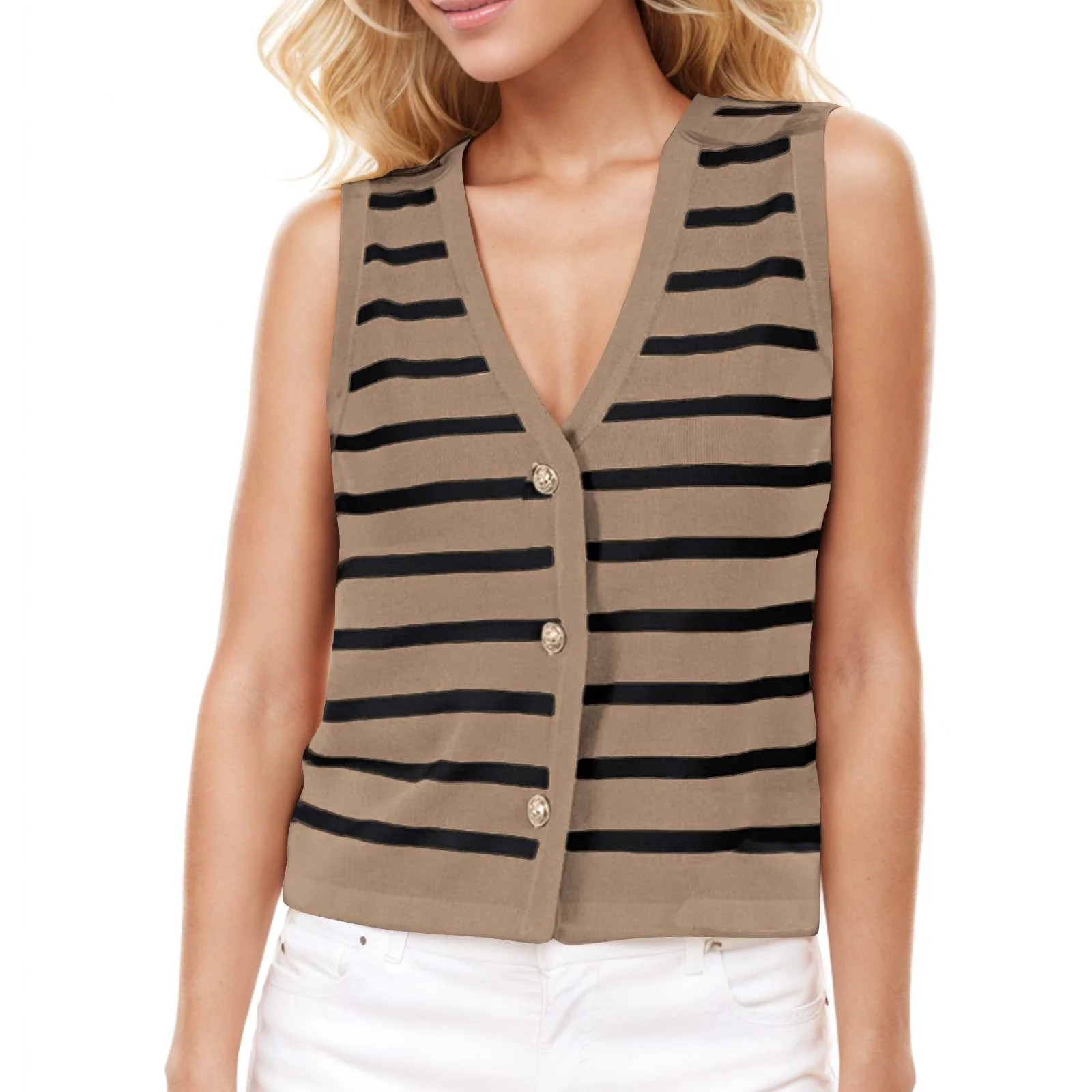 Posijego Women's Striped Sweater Vest V Neck Button down Sleeveless Cardigan Knit Tank Tops Women... | Walmart (US)