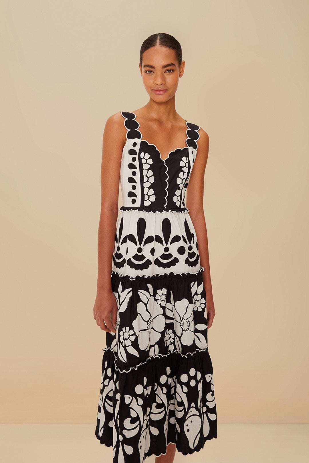 Black And White Summer Cutwork Organic Cotton Midi Dress | FarmRio (US)