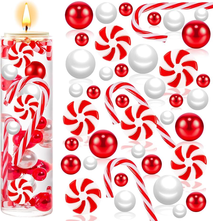 120Pcs Christmas Vase Filler, White and Red Candy Cane Pearl Beads, Christmas Filler Floating Fau... | Amazon (US)