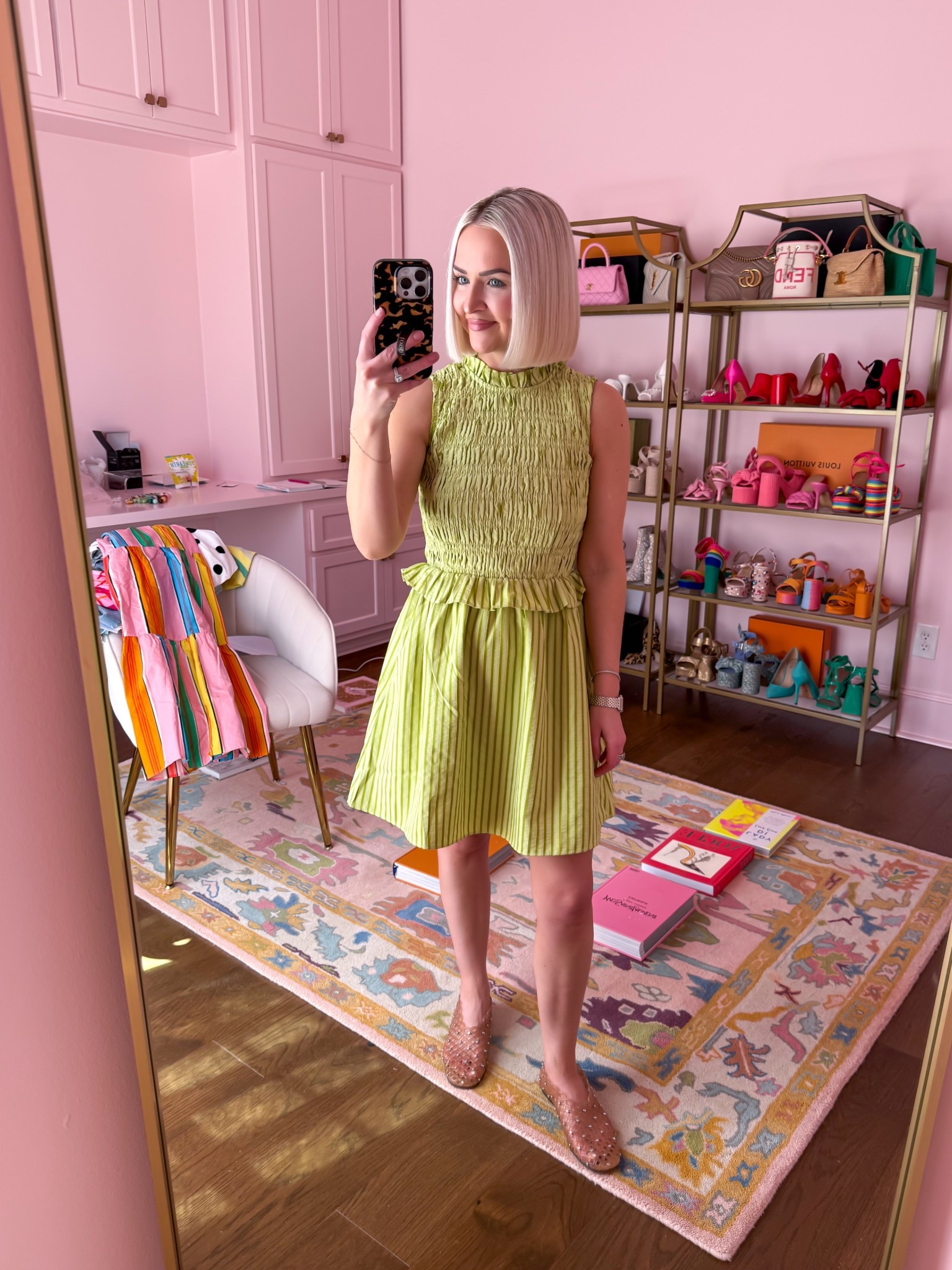 Green stripe dress is 20% off with YOURULE
Size: XXS
Rhinestone jelly flats: 7 (TTS fit)

#LTKootd #LTKPetite