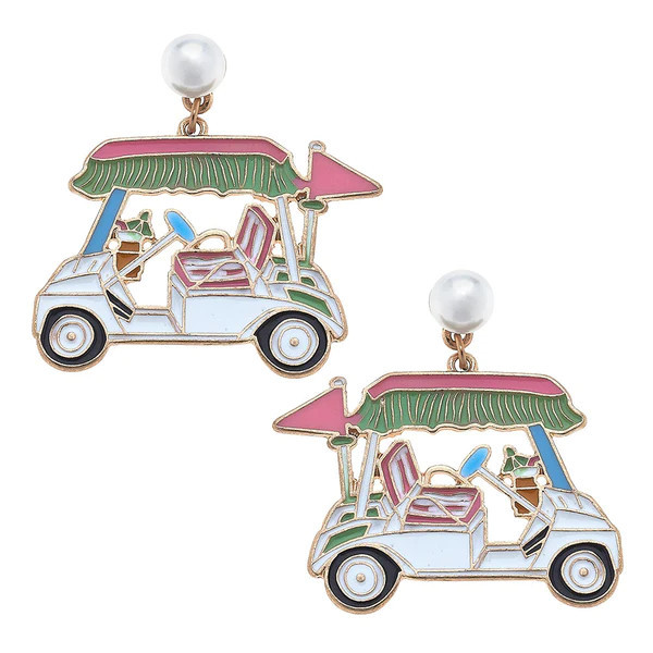 Bella Enamel Golf Cart Earrings in Green & Pink | CANVAS