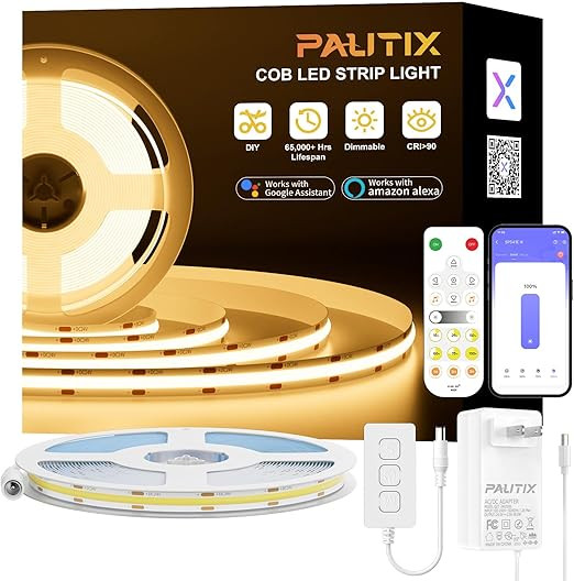 PAUTIX COB LED Strip Light 32.8ft/10m 4800LEDs Warm White 2700K,Compatible with Alexa/Google Assi... | Amazon (US)