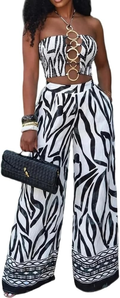 LROSEY Women Sexy Club Outfits 2 Piece Sets Summer Zebra Print Cut Out Smocked Halter Crop Top Fl... | Amazon (US)