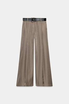 NWT zara women Belted Satin Wide Leg Pants Beige XS | eBay US