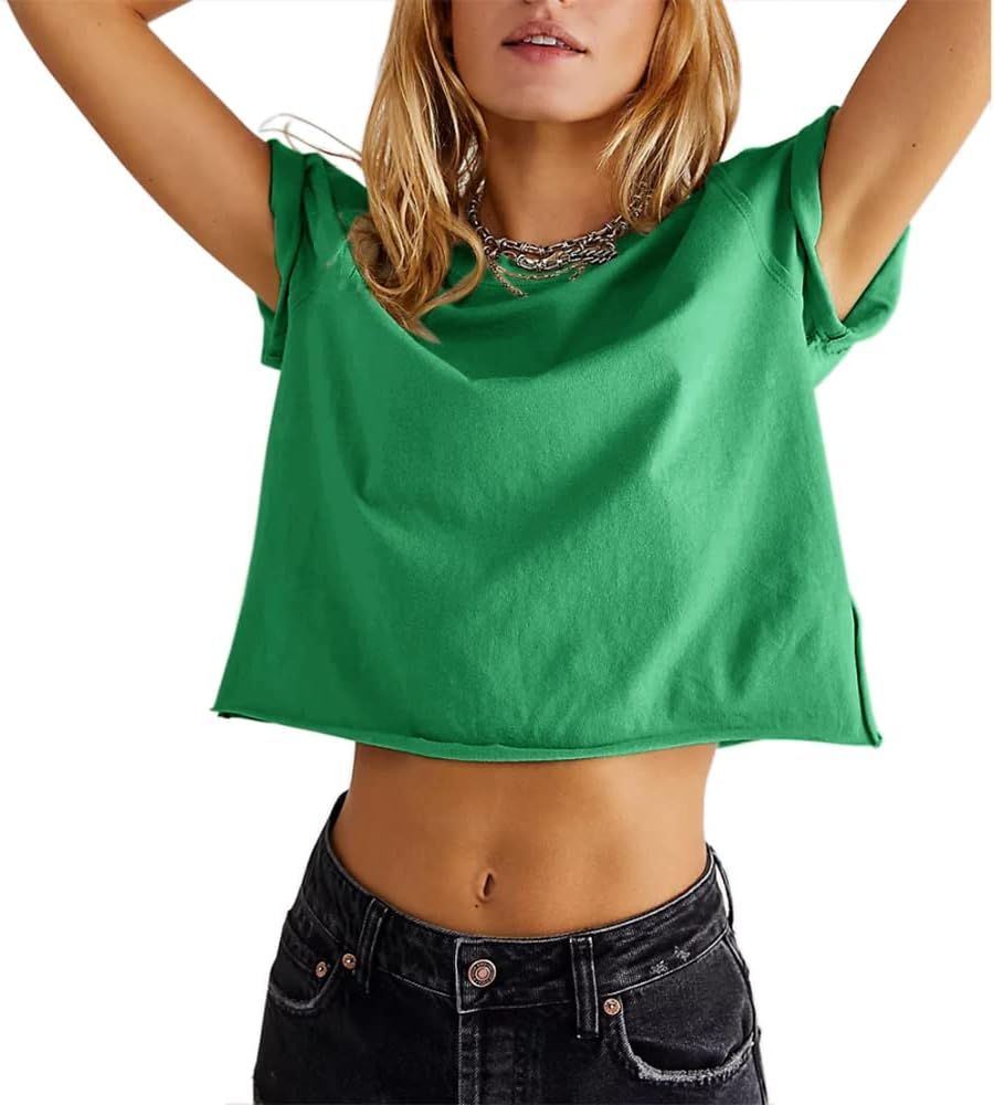 Women's Summer Casual Loose Fit Plain Soild Basic Short Sleeve Crop Tops T-Shirts | Amazon (US)