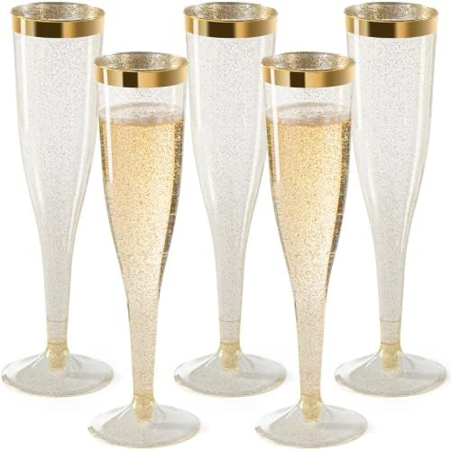 CHATEAU FINE Plastic Champagne Flutes, 6.5 Oz Glasses with Gold Rim & Glitter Gold Mimosa Design,... | Amazon (US)