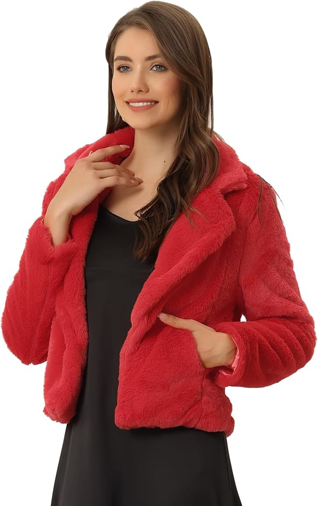 Allegra K Women's Cropped Faux Fur Jacket Lapel Cardigan Shrug 2024 Winter Fluffy Faux Fur Coat | Amazon (US)